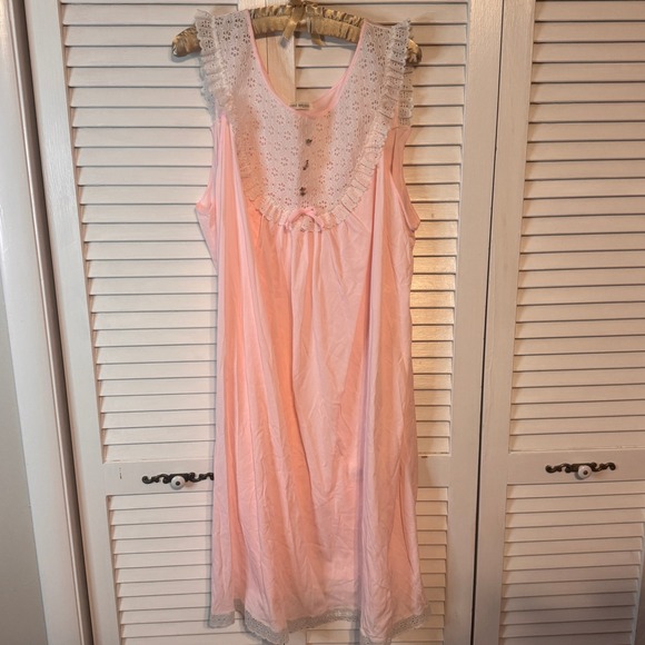VTG LANE BRYANT Chiffon Peignoir Baby Pink Set with Lace & Rosette Detail SZ XL - Picture 2 of 3